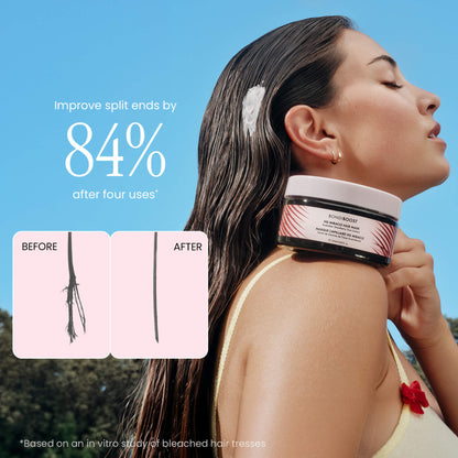 Woman applying hair product with before and after split end improvement on a blue sky background