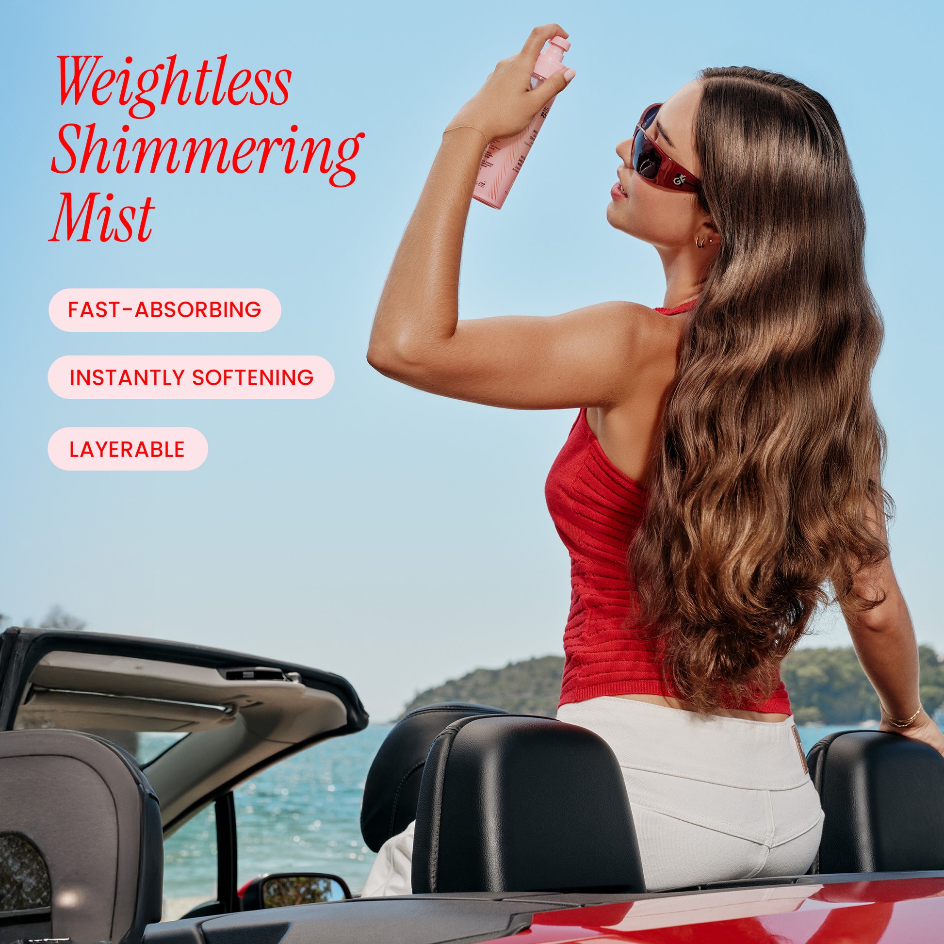 Woman in a convertible car by the sea, holding a product with text about its features.