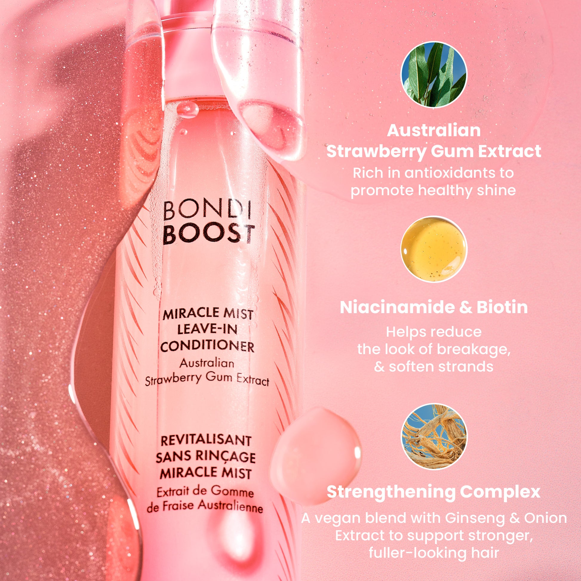 Bondi Boost Miracle Mist Leave-In Conditioner bottle with product details on a pink background