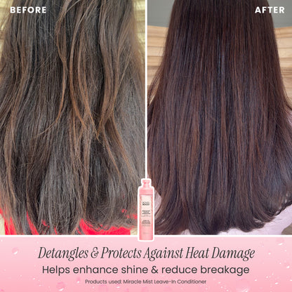 Before and after comparison of hair with a product bottle labeled 'Miracle Mist'.