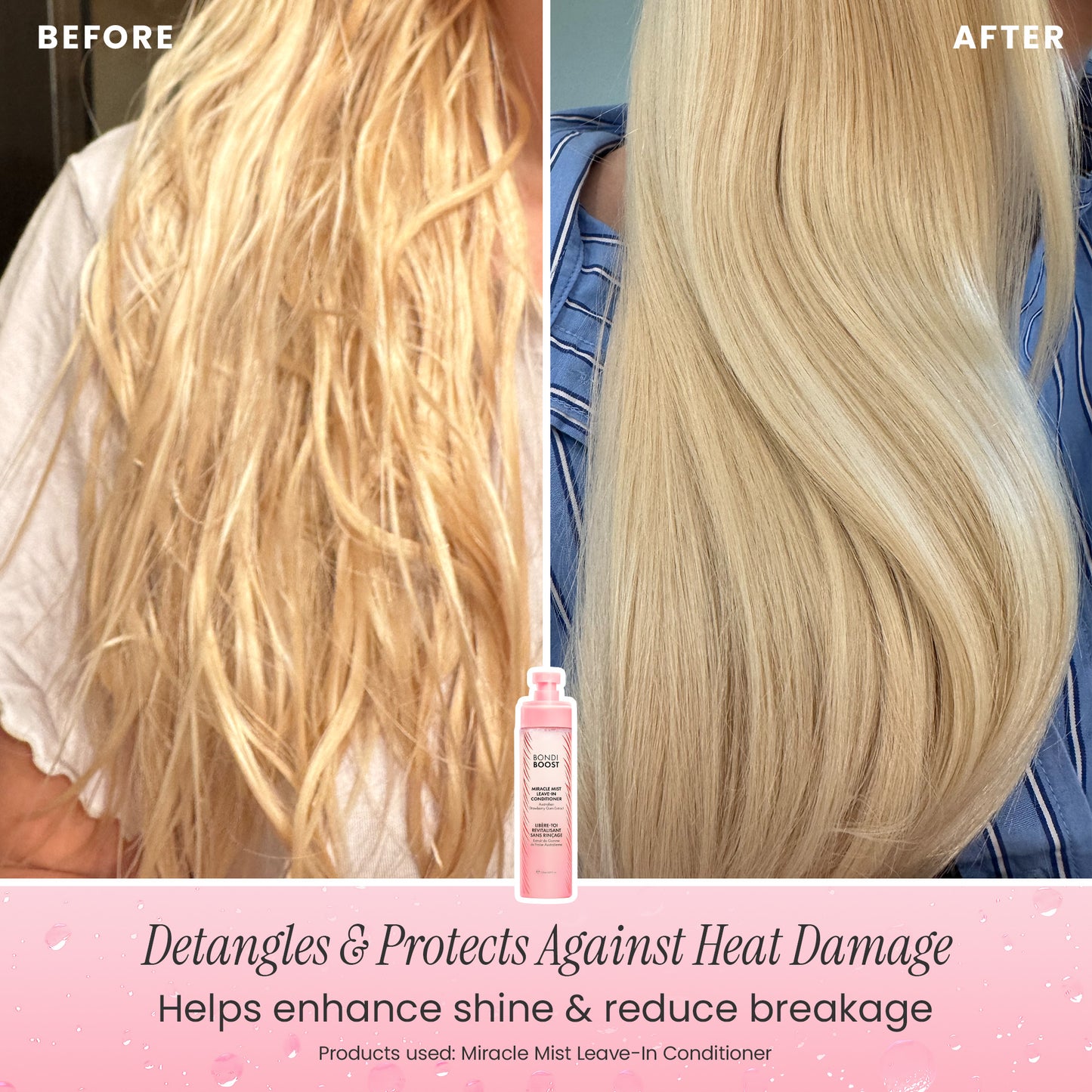 Before and after comparison of hair with a product applied, showing detangling and heat damage protection effects.