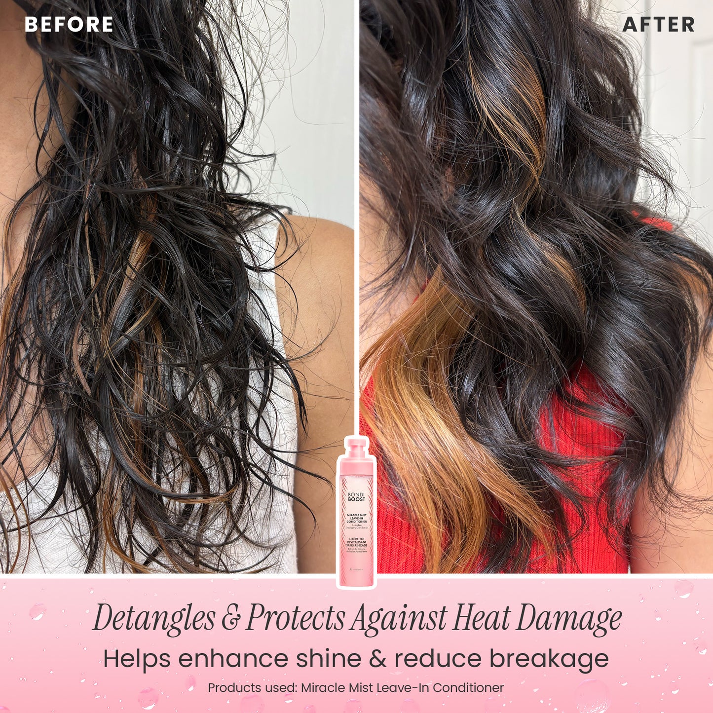 Before and after comparison of hair with a product to detangle and protect against heat damage.