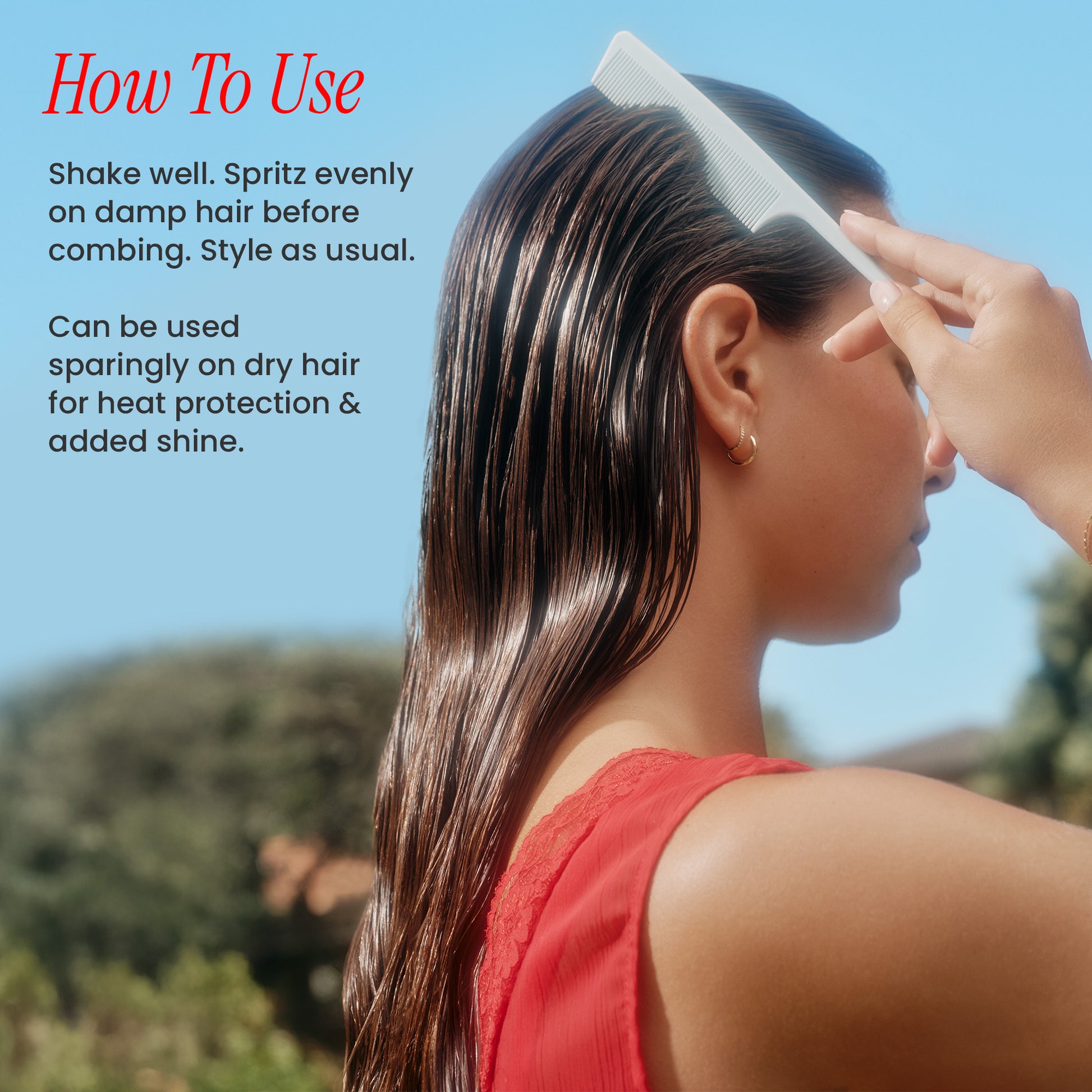 Woman combing her hair with a text overlay on how to use a product.