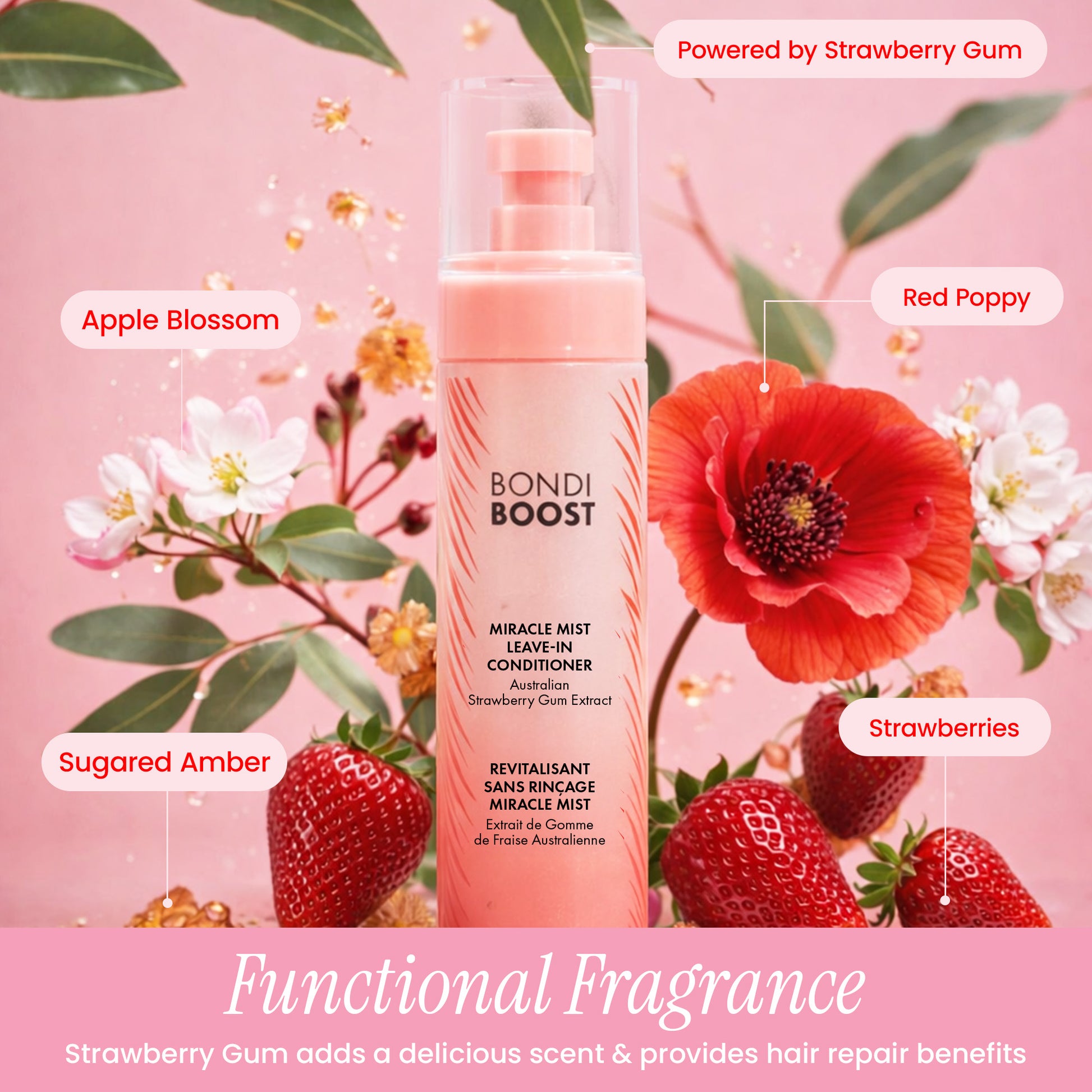 Bondi Boost Miracle Mist Leave-In Conditioner bottle with strawberry, poppy, and apple blossom elements on a pink background.