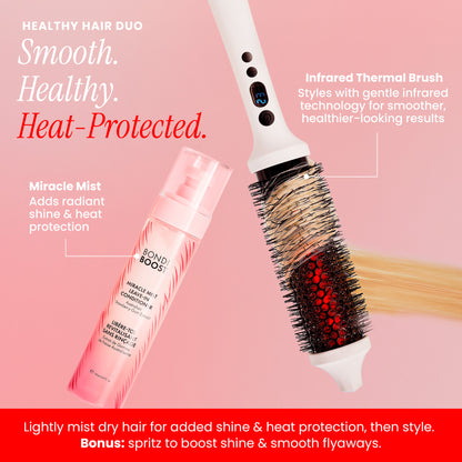 Infrared thermal brush and bottle of Bondi Boost. Miracle Mist on a pink background