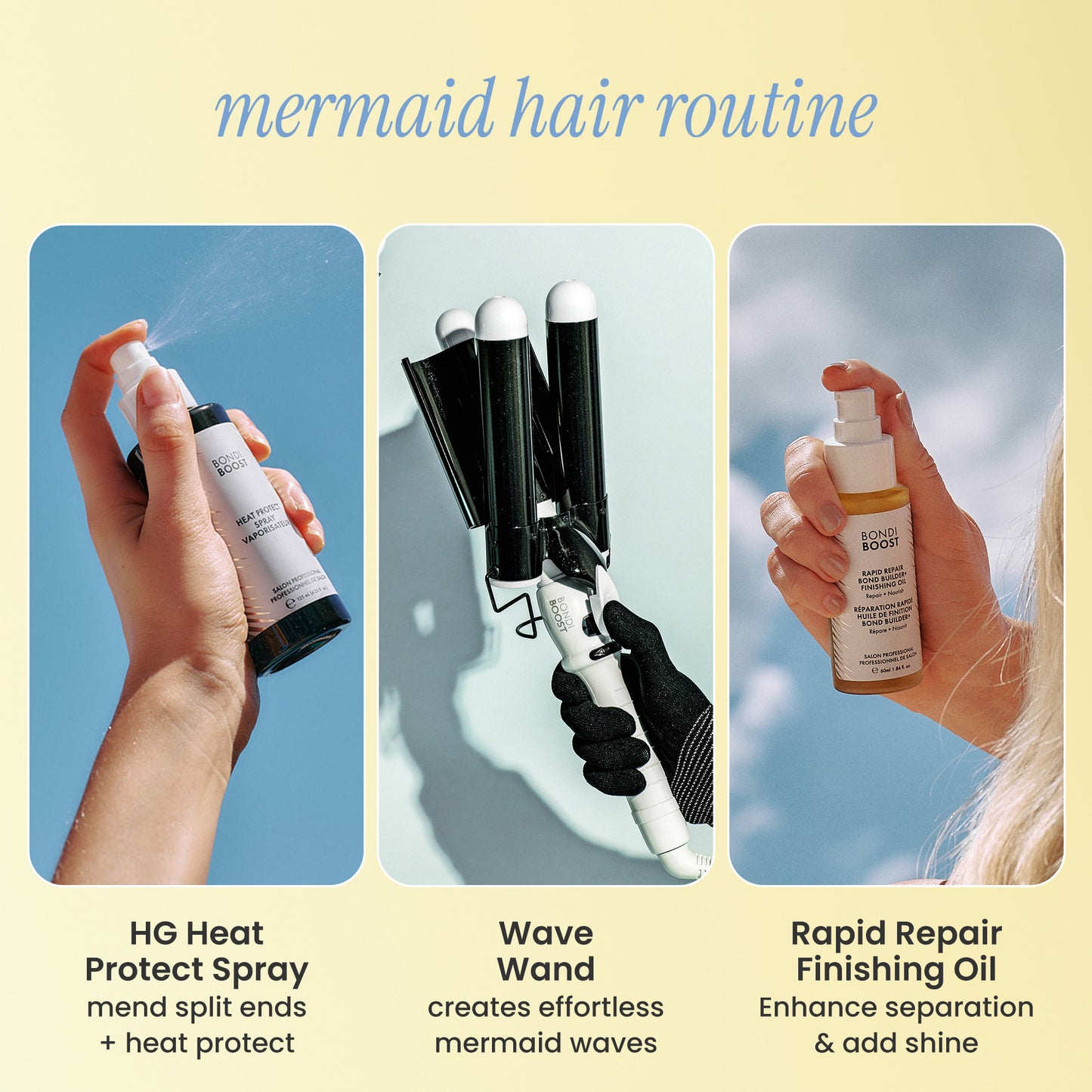 Three products for a mermaid hair routine with text and images of hands using each product.
