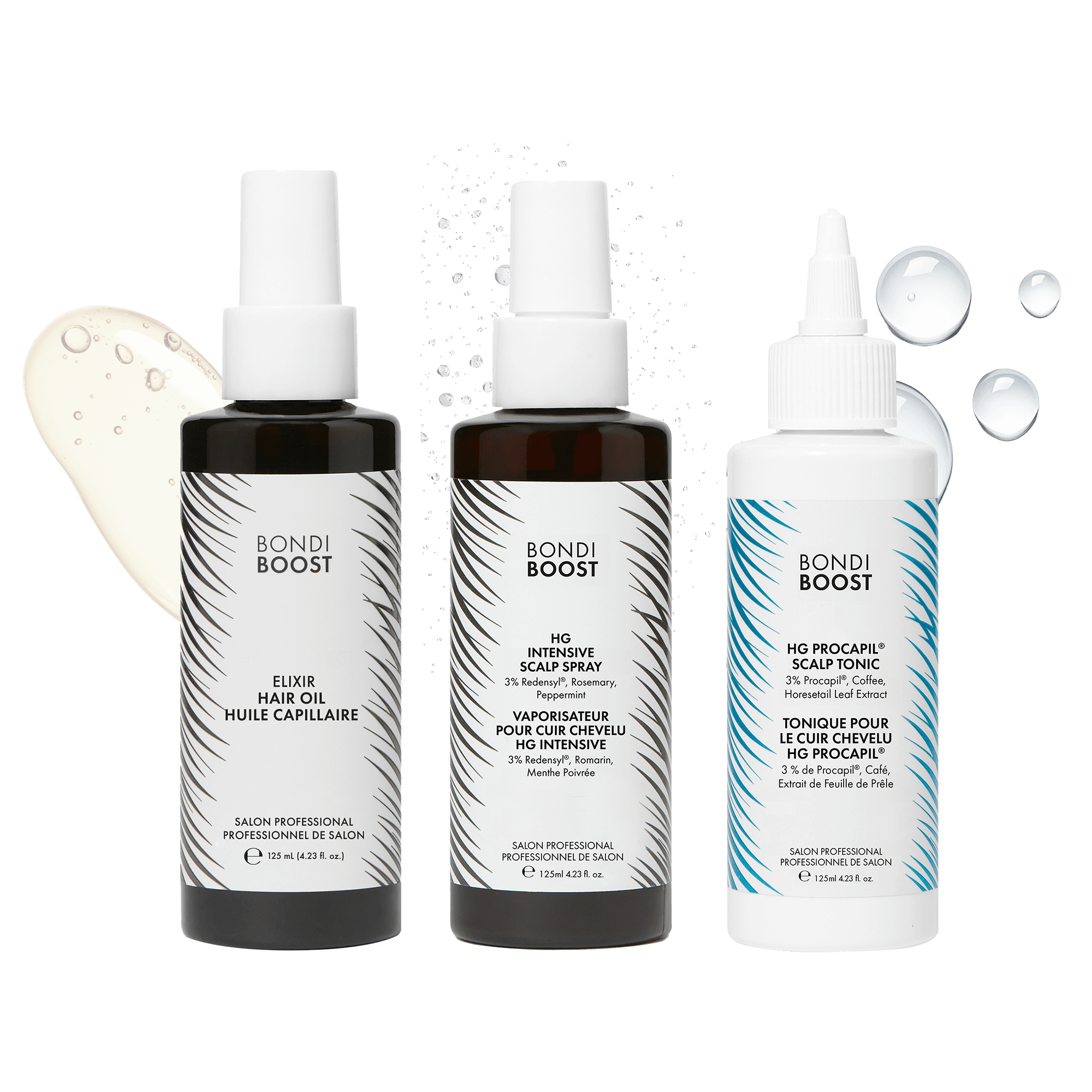Three Bondi Boost hair care products on a black background with water droplets.