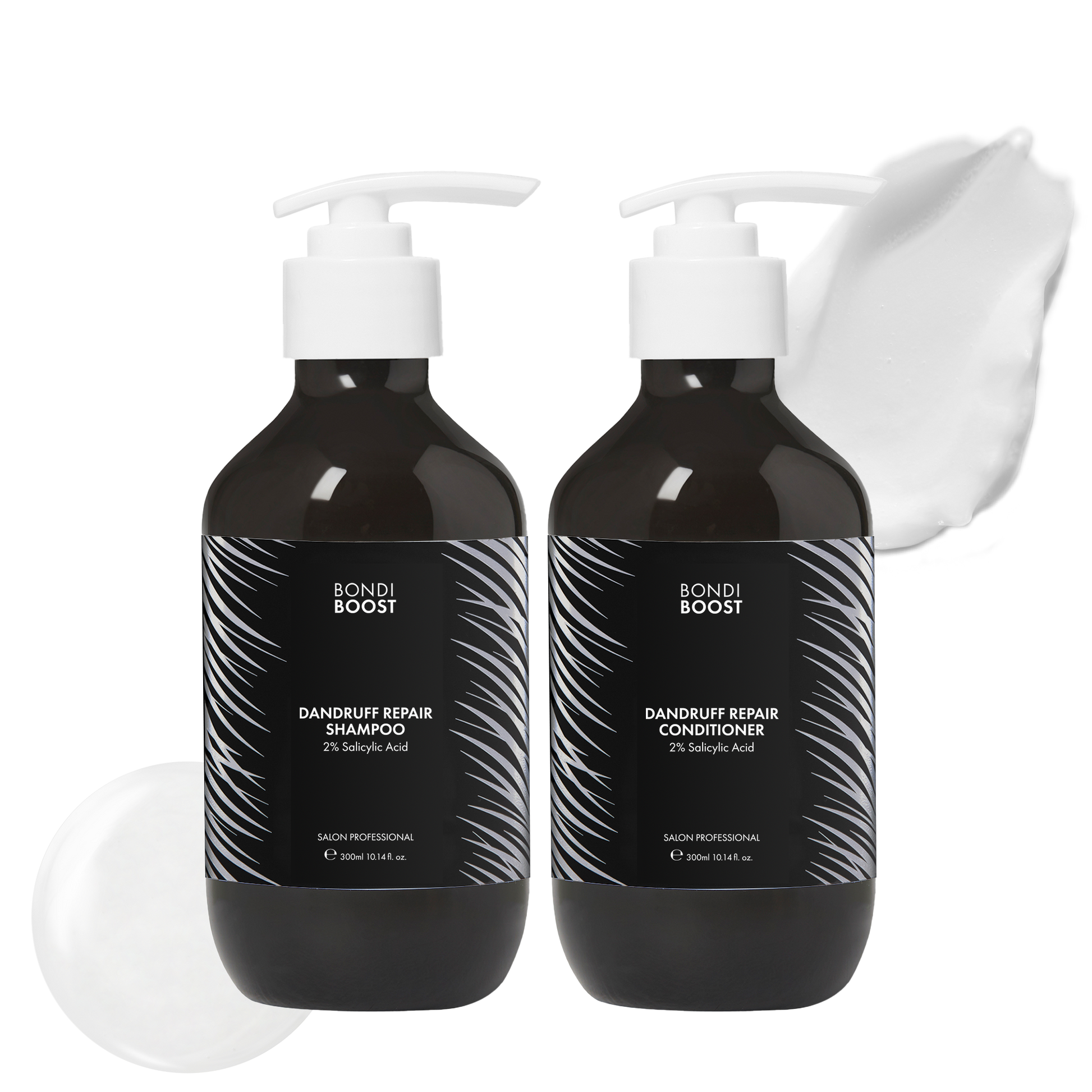 Two black bottles of Bondi Boost dandruff repair products with pump dispensers on a white background.