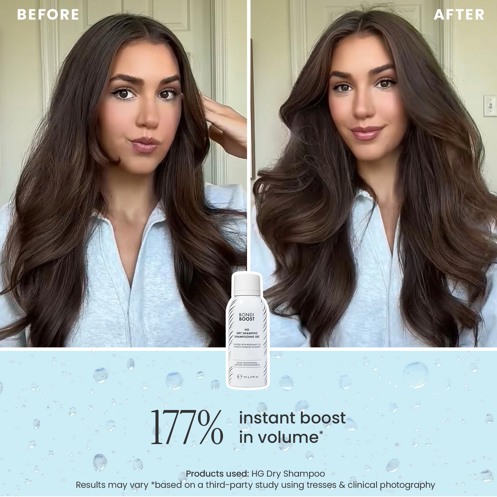 Before and after comparison of hair volume with a bottle of dry shampoo in the middle.