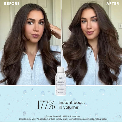 Before and after comparison of hair volume with a bottle of dry shampoo in the middle.